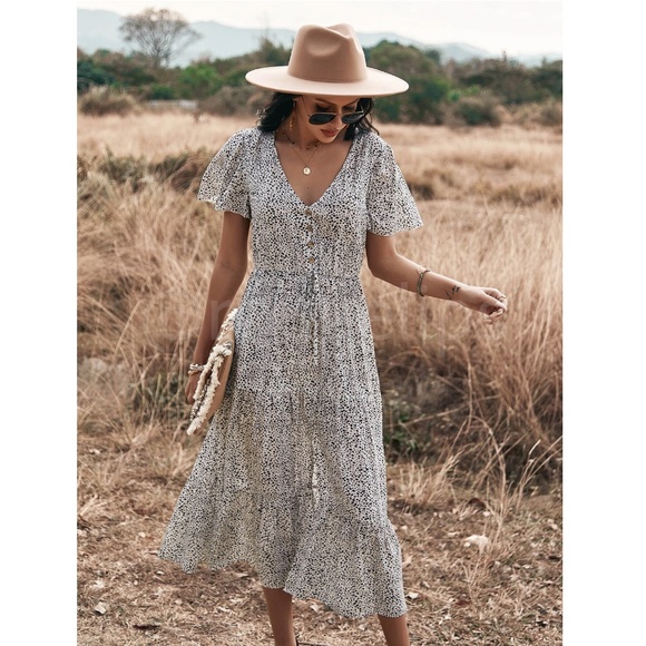 Spotted Print Black and White Midi Dress V-neck Button Front Ruffle Hem - Picture 5 of 10